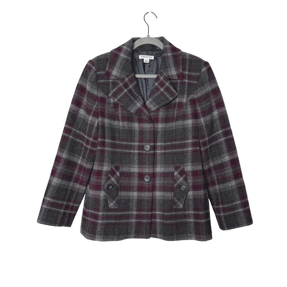 Pendleton Wool Plaid Pea Coat Jacket Blazer Burgundy Grey Size 14